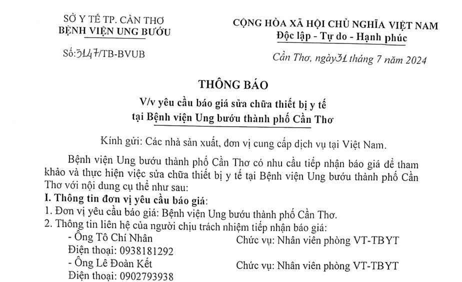 TB-BVUBCT 3147 về việc yêu cầu báo giá sửa chữa thiết bị y tế tại Bệnh viện Ung bướu tp Cần Thơ