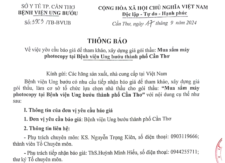 TB 3903 TB BVUB VỀ VIỆC YÊU CẦU BÁO GIÁ GÓI THẦU MUA SẮM MÁY PHOTOCOPY