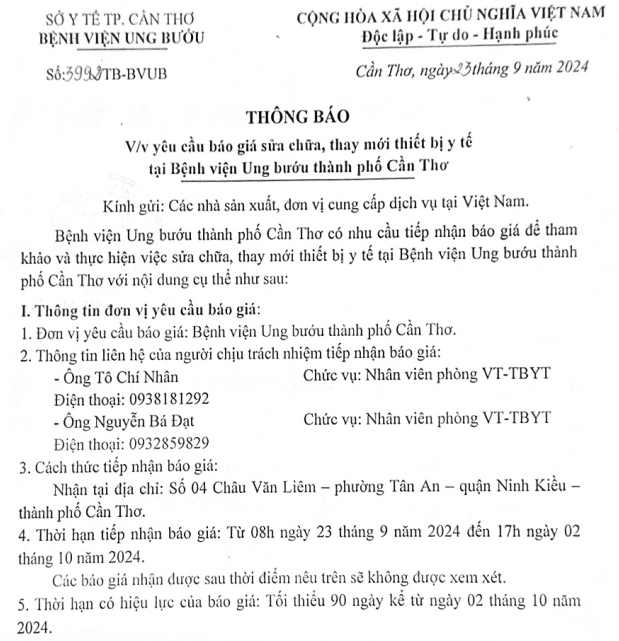 TB-BVUBCT 3992 về việc yêu cầu báo giá sửa chữa, thay mới thiết bị y tế tại Bệnh viện Ung bướu tp Cần Thơ