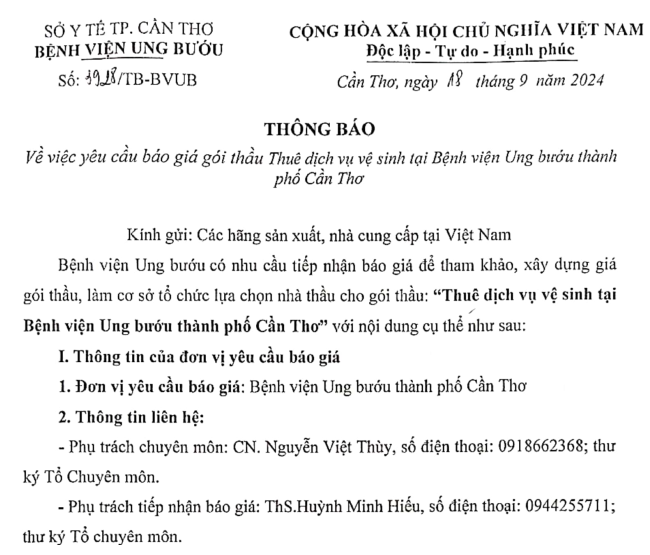 TB SỐ 3928 TB BVUB VỀ VIỆC YÊU CẦU BÁO GIÁ GÓI THẦU THUÊ DV VỆ SINH TẠI BVUB TPCT1