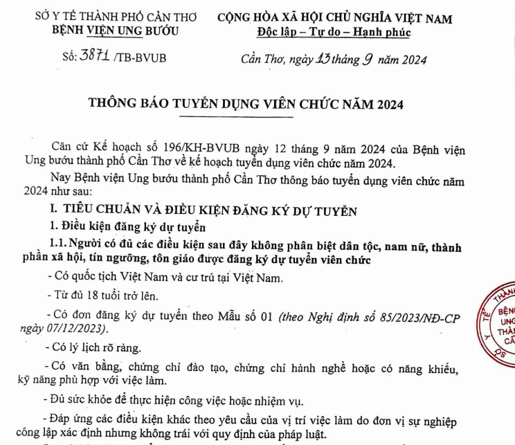 BV THÔNG BÁO TUYỂN DỤNG VIÊN CHỨC NĂM 2024