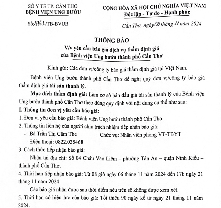TB-BVUBCT 4761 về việc yêu cầu báo giá dịch vụ thẩm định giá tại Bệnh viện Ung bướu TPCT