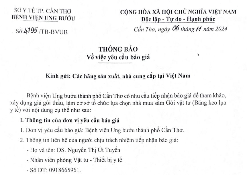 Thông báo 4795BVUB về việc mời chào giá Băng keo lụa y tế