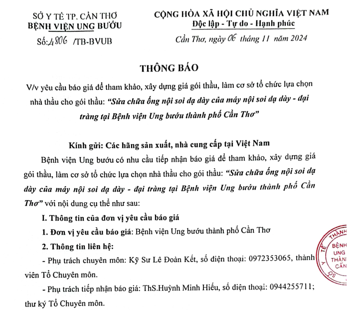 THÔNG BÁO SỐ 4806 TB BVUB Vv YÊU CẦU BÁO GIÁ ĐỂ THAM KHẢO, XÂY DỰNG GIÁ GÓI THẦU SỬA CHỮA ỐNG NỘI SOI DẠ DÀY