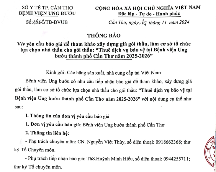 THÔNG BÁO SỐ 4912 TB BVUB Vv YÊU CẦU BÁO GIÁ GÓI THẦU THUÊ DV BẢO VỆ TẠI BV UNG BƯỚU TPCT NĂM 2025 2026