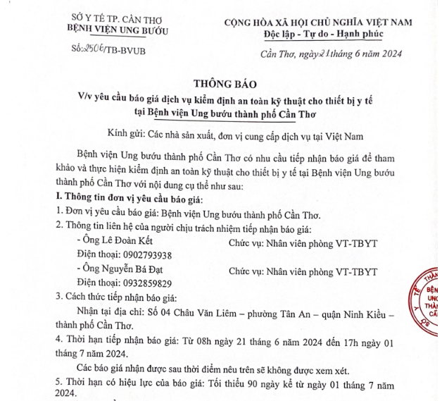 Thông báo mời báo giá dịch vụ kiểm định cho thiết bị y tế