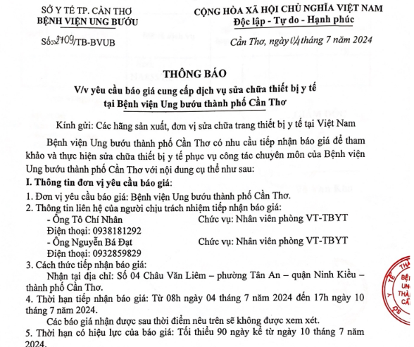 THÔNG BÁO MỜI BÁO GIÁ DỊCH VỤ SỬA CHỬA THIẾT BỊ Y TẾ