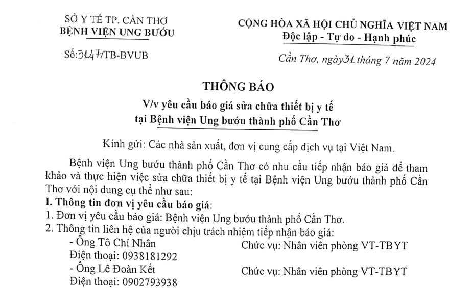 TB BVUBCT 3147 về việc yêu cầu báo giá sửa chữa thiết bị y tế tại Bệnh viện Ung bướu tp Cần Thơ