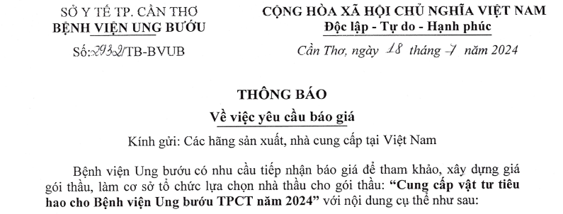 TB BVUBCT số 2932 mời báo giá  vatah tư tiêu hao