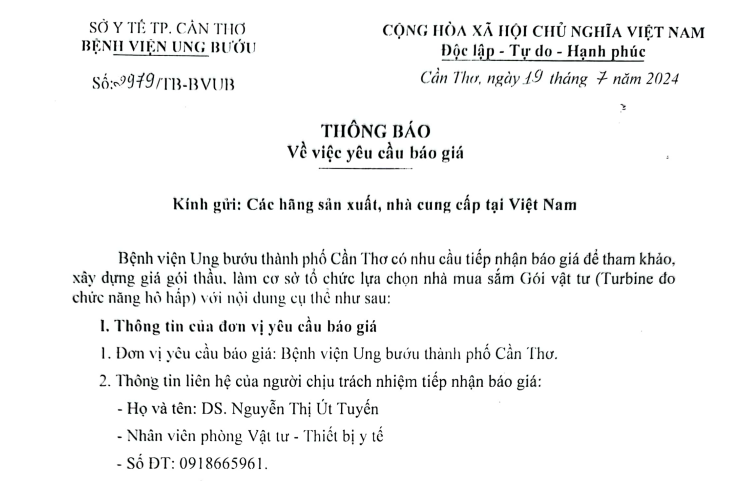 TB BVUBCT Số 2979 VV báo giá gói vật tư (Turbine đo chức năng hô hấp