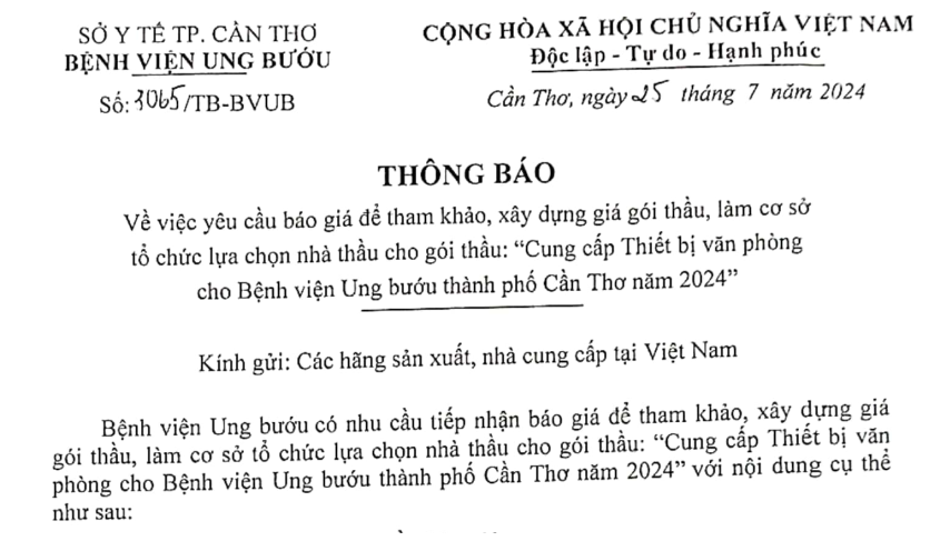 TB BVUBCT Số 3065 VỀ VIỆC YÊU CẦU BÁO GIÁ GÓI THẦU  CUNG CẤP THIẾT BỊ VĂN PHÒNG  CHO BỆNH VIỆN UNG BƯỚU TPCT