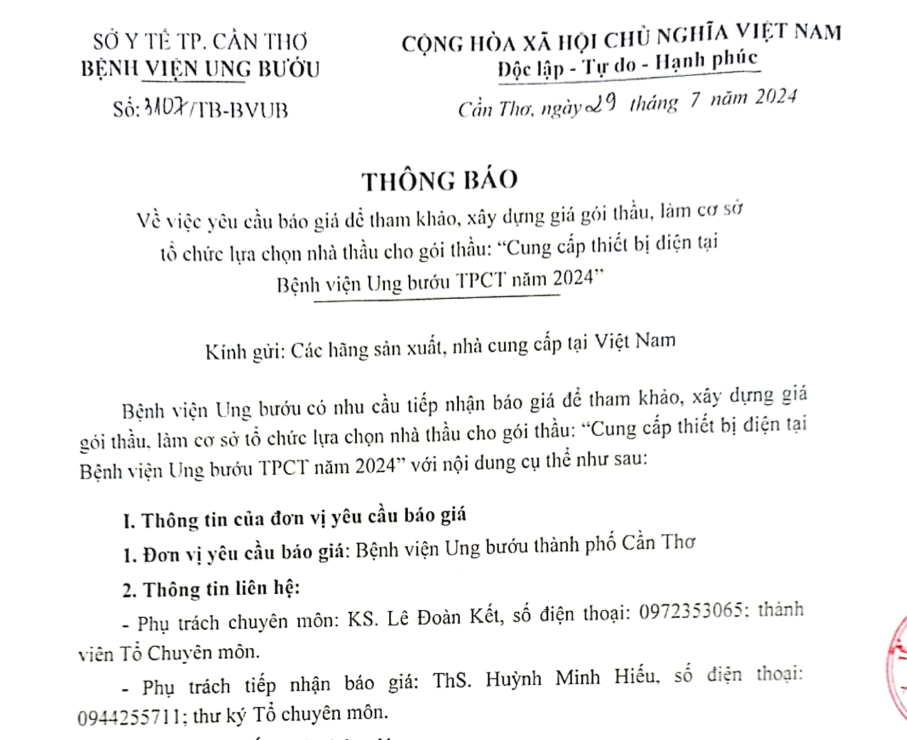 TB BVUBTPCT SỐ 3107 VV YÊU CẦU BÁO GIÁ ĐỂ THAM KHẢO XÂY DỰNG GIÁ GÓI THẦU LÀM CƠ  SỞ TỔ CHỨC LỰA CHỌN NHÀ THẦU CHO GÓI THẦU CUNG CẤP THIẾT BỊ ĐIỆN TẠI BVUB TPCT