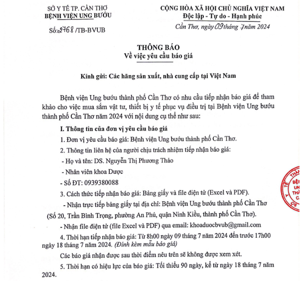 MỜI BÁO GIÁ VẬT TƯ - THIẾT BỊ Y TẾ