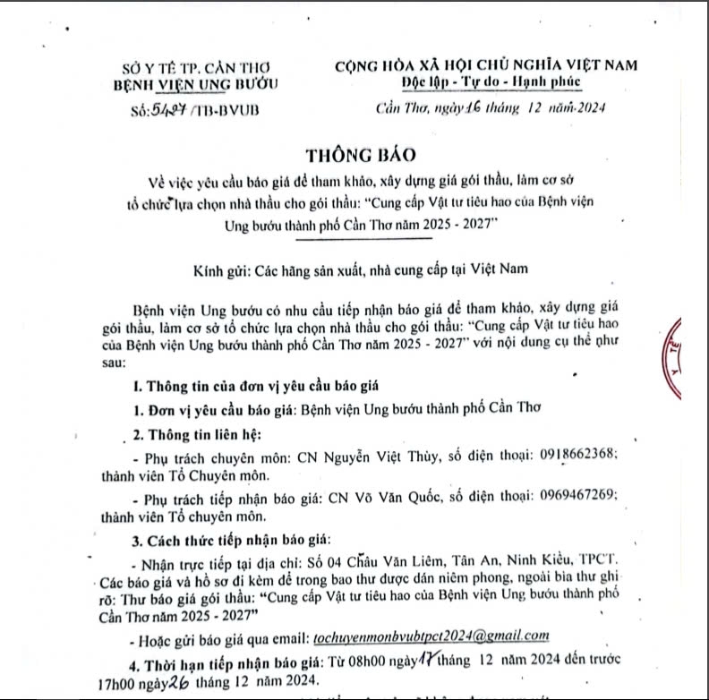 Thông báo mời báo giá gói thầu: Cung cấp vật tư tiêu hao của Bệnh viện (số 5427)
