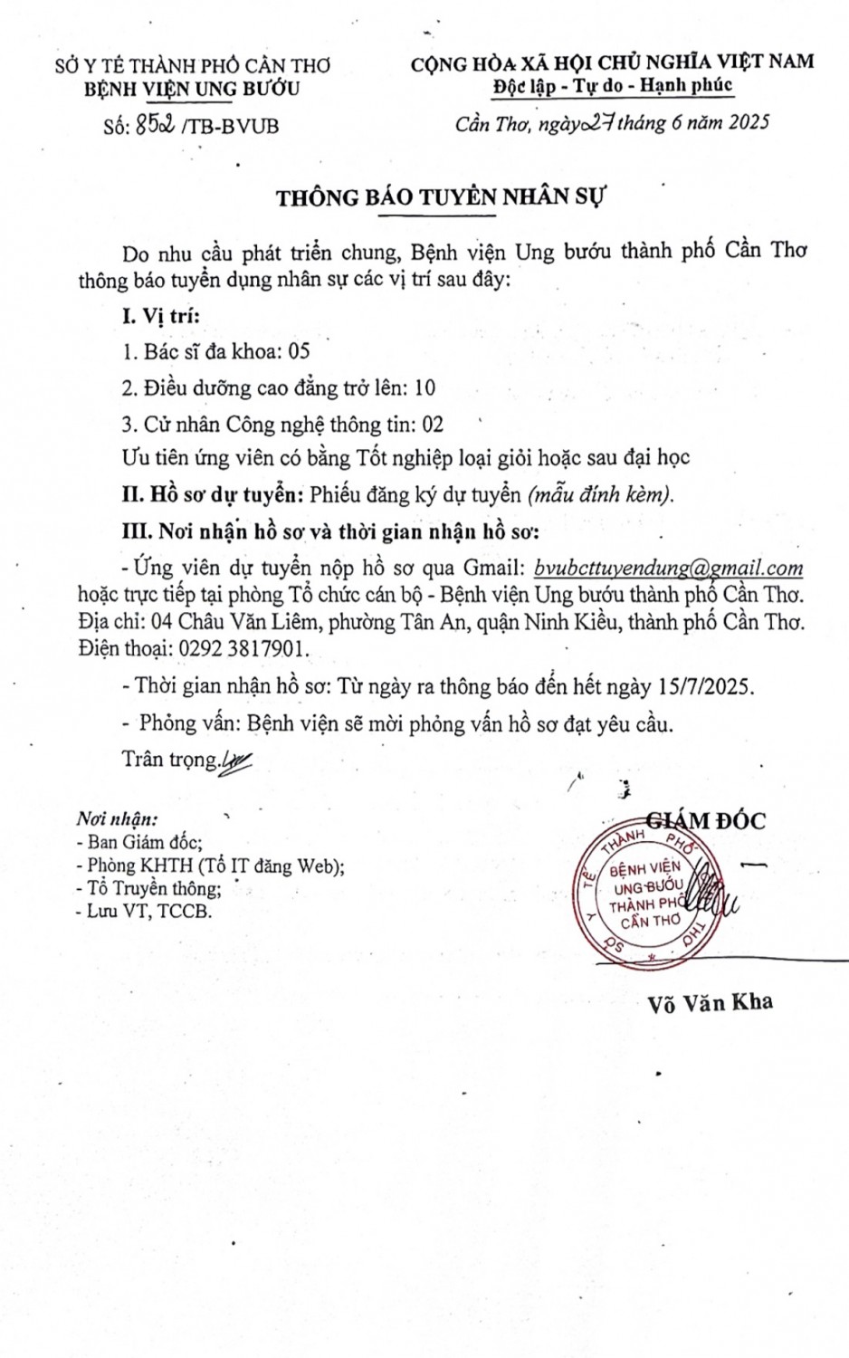 THÔNG BÁO TUYỂN NHÂN SỰ